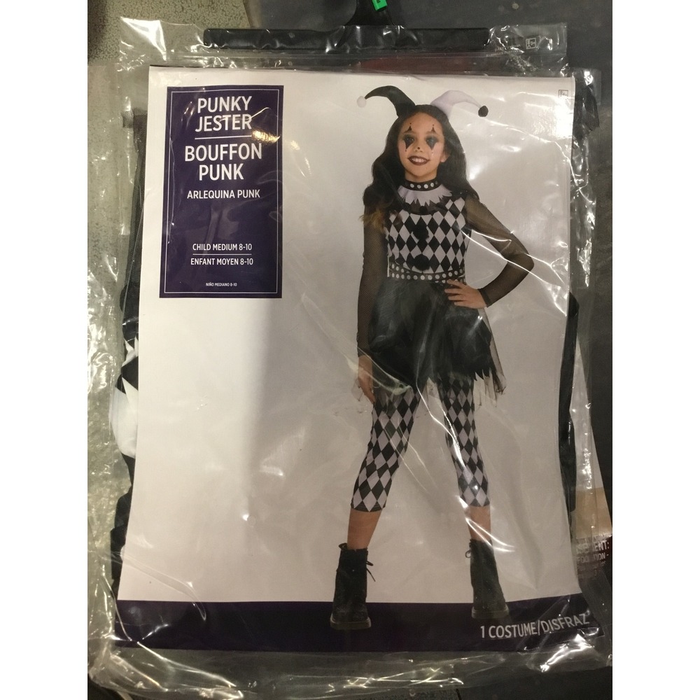 Amscan Punky Jester Costume Kids Medium 8-10 Black White New Harlequin Punk Set